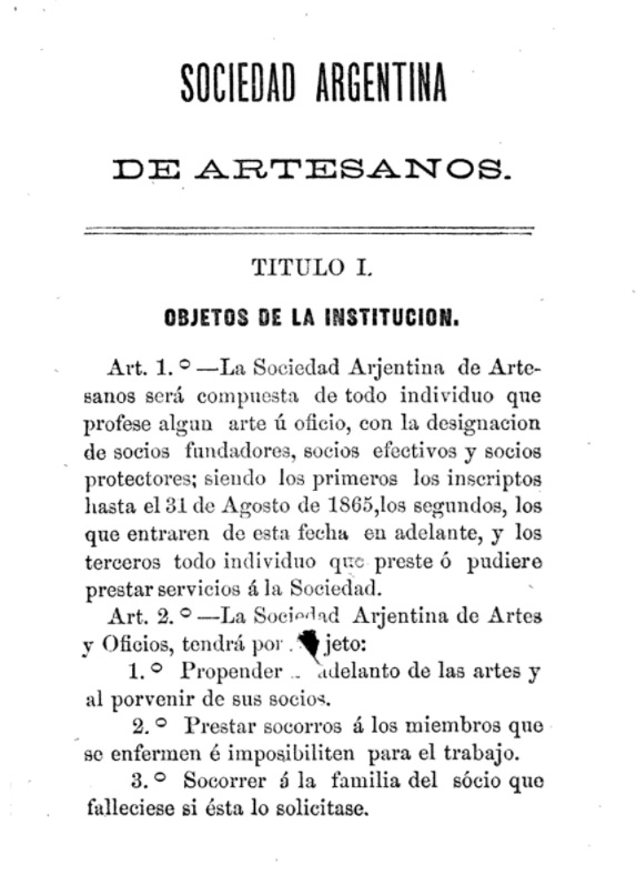 1865 Estatutos de la Sociedad Argentina de Artesanos