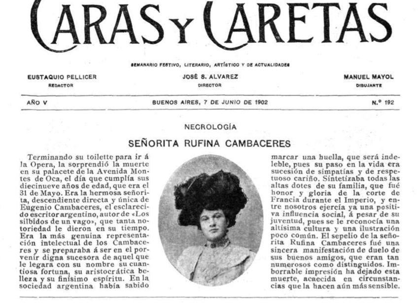 Obituario de Rufina en la revista Caras y Caretas, Junio 7 1902.