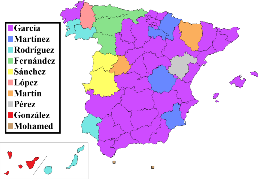 Mapa de España que muestra el apellido más común en cada provincia.
