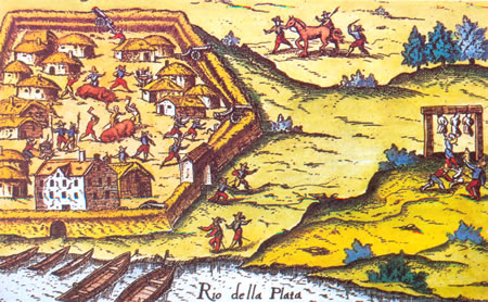 Fortificación de Buenos Aires como puede verse en un grabado de Ulrico Schmidl del siglo XV.