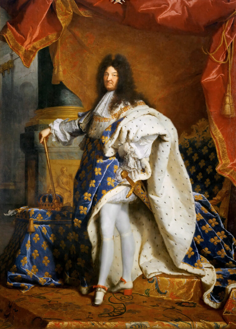 Retrato del Rey Sol realizado en 1701 por Hyacinthe Rigaud, para su nieto, el rey Felipe V de España, aunque finalmente el lienzo se quedó en Francia.
